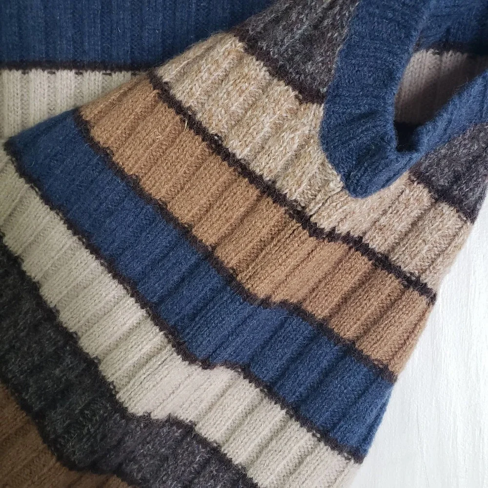 Vintage Maurices Stripe Sweater Vest L Blue‎ Brown Tan Wool